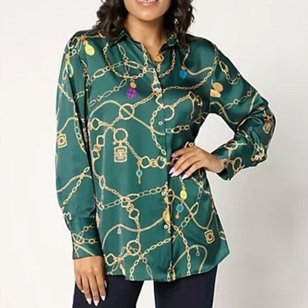 Susan‎ Graver Size Medium Evergreen Printed Charmeuse Button-Front Tunic A672475